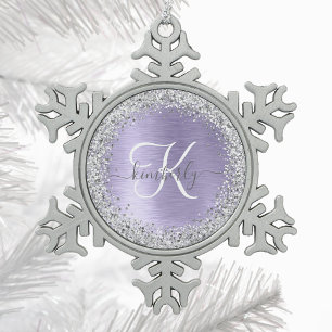 Paars geborsteld metaal Silver Glitter Monogram Na Tin Sneeuwvlok Ornament