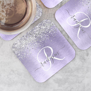 Paars geborsteld metaal Silver Glitter Monogram Na Vierkante Kartonnen Onderzetter