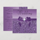 Paars gedrukte Chic Sequins Bow & Diamond Wedding Kaart (Voorkant / Achterkant)
