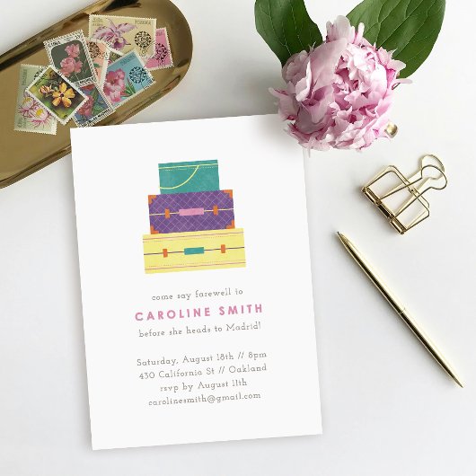 Paars Geel Bagage Afscheidsfeest Invitatie Kaart