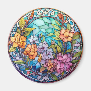 Paars & Geel Bloemmotief Nep Gebrandschilderd Glas Magneet