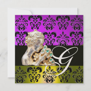 PAARS, GEEL, ZWART, WIT DAMAST JEWEL MONOGRAM KAART