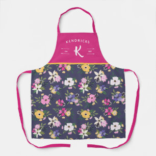 Paars-gele roze bloemenfamilie monogram schort