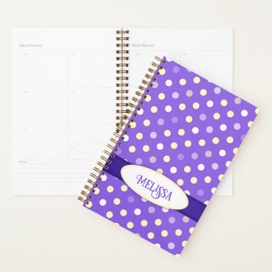 Paars gele witte poka punt, aangepaste naam planner (Display)