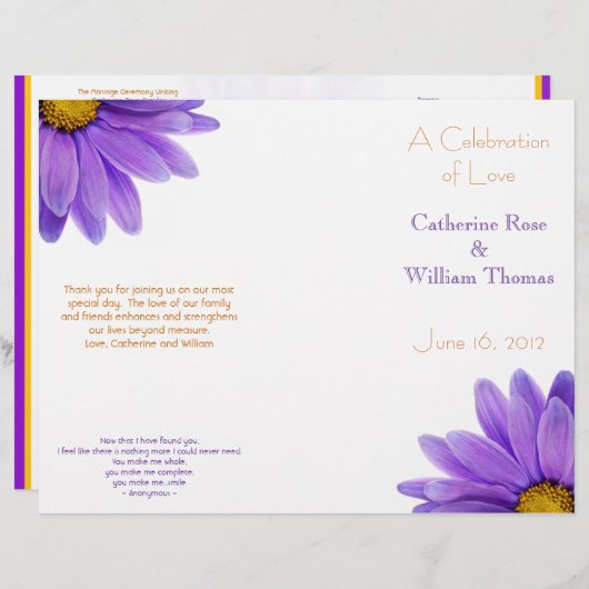 Paars Gerbera Daisy Elegant Wedding Programme (Voorkant / Achterkant)