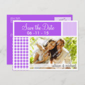 Paars geruit gingham aankondigingskaart (Voorkant / Achterkant)