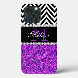 Paars Glitter Black Chevron Monogram iPhone 13 Pro Hoesje