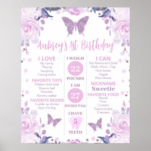 Paars Glitter Butterfly Birthday Milestone Poster