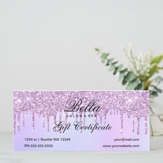 Paars Glitter Drip Salon and Spa Cadeaucertificaat (Staand voorkant)