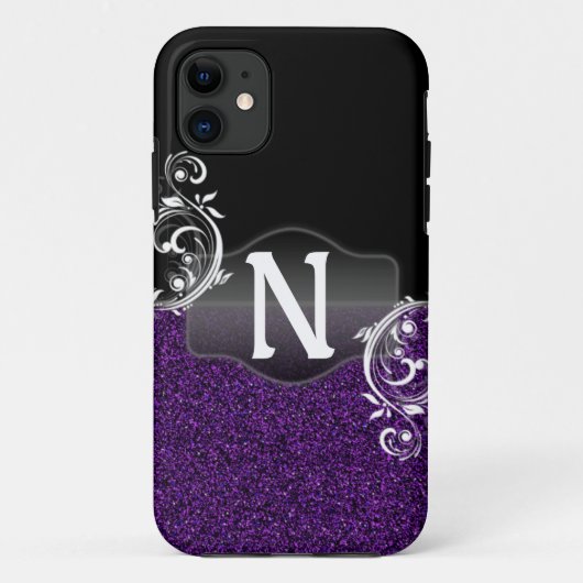Paars Glitter- en Zwart design met monogram Case-Mate iPhone Case (Achterkant)