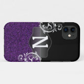 Paars Glitter- en Zwart design met monogram Case-Mate iPhone Case (Achterkant (horizontaal))