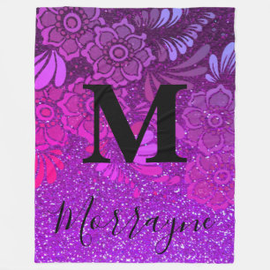 Paars Glitter Ombre Boho Chic Floral Monogram Fleece Deken