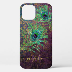 Paars Glitter Peacock Feathers Elegant Monogram iPhone 12 Hoesje