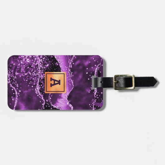 Paars glitter roze marmer goud bagagelabel (Voorkant horizontaal)