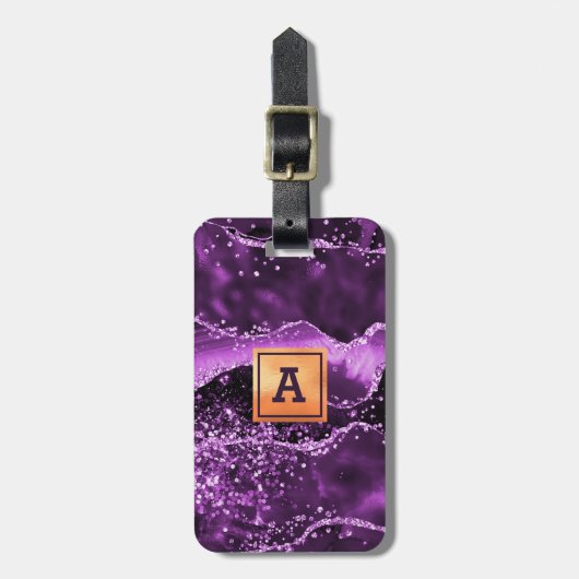 Paars glitter roze marmer goud bagagelabel (Voorkant verticaal)