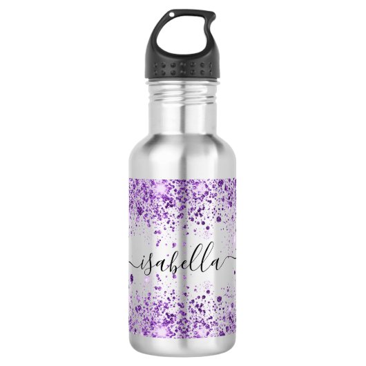Paars glitter-stofnaamscript elegant waterfles  (Voorkant)