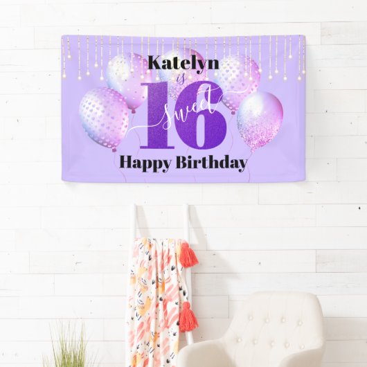 Paars Glitter Sweet 16 Birthday Balloons Script Spandoek (Insitu)