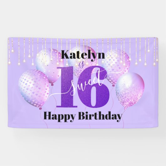 Paars Glitter Sweet 16 Birthday Balloons Script Spandoek (Horizontaal)