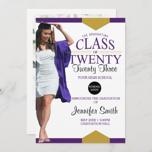 Paars Gold Afstuderen Fotouitnodiging Kaart (Voorkant / Achterkant)