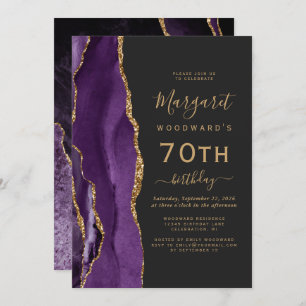 Paars Gold Agate Dark 70th Birthday Party Kaart