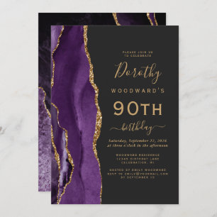 Paars Gold Agate Dark 90th Birthday Party Kaart