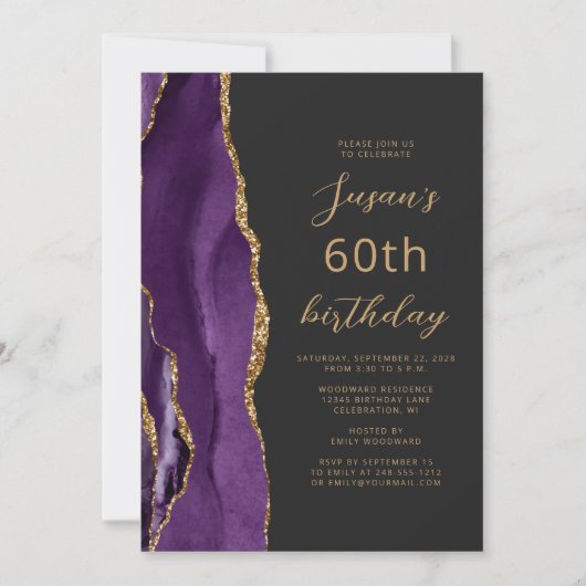 Paars Gold Agate Slate Script 60th Birthday Kaart (Voorkant)