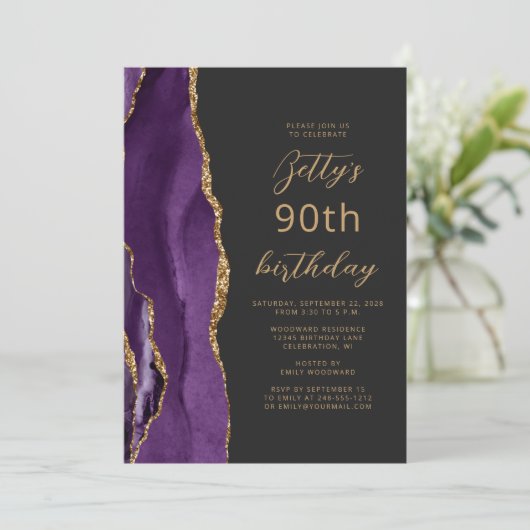 Paars Gold Agate Slate Script 90th Birthday Kaart (Staand voorkant)