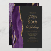 Paars Gold Agate Slate Script 90th Birthday Kaart (Voorkant / Achterkant)