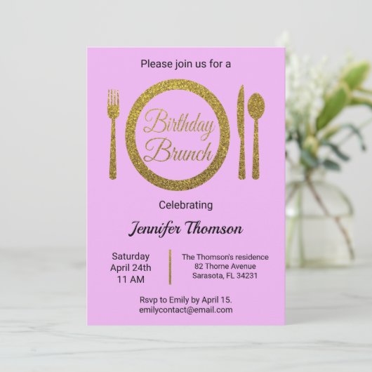 Paars Gold Birthday Brunch Uitnodiging (Staand voorkant)