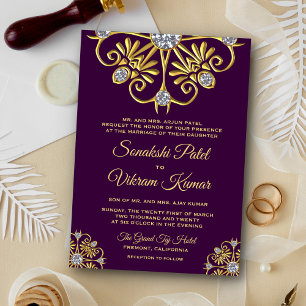Paars Gold Diamond Mandala India Wedding Invite Kaart