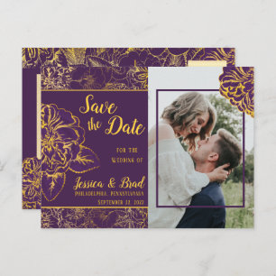 Paars   Gold  Floral Foto Save the Date Aankondigingskaart