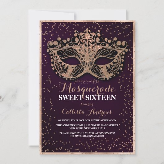 Paars Gold Glitter Confetti Masquerade Sweet 16 Kaart (Voorkant)
