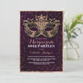 Paars Gold Glitter Confetti Masquerade Sweet 16 Kaart (Staand voorkant)