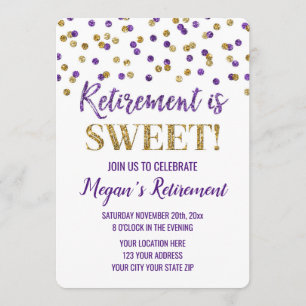 Paars Gold Glitter Confetti Retirement Party Kaart