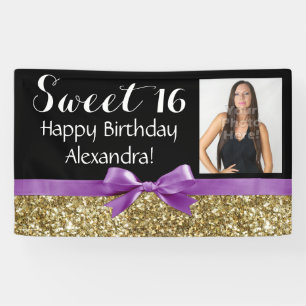 Paars Gold Glitter Foto Sweet 16 Birthday Party Spandoek