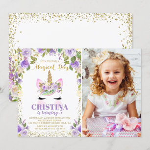 Paars Gold Glitter Unicorn Floral Foto van Birthda Kaart