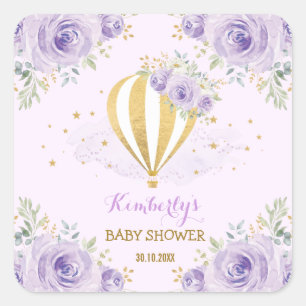 Paars Gold Hot Air ballonavontuur Floral Favor Vierkante Sticker