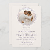 Paars Gold Leaf All in One Rsvp Photo Weddenschap Kaart (Voorkant / Achterkant)