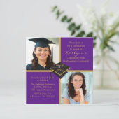 Paars & Gold Photo Afstuderen Uitnodiging (Staand voorkant)