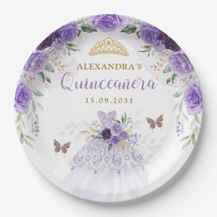 Paars Gold Quinceanera Dress Birthday Butterflies Papieren Bordje