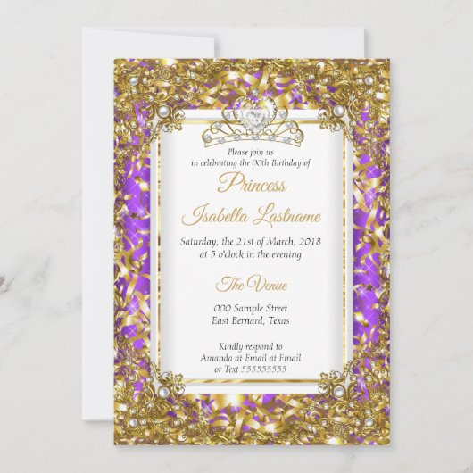 Paars Gold White Pearl Tiara Birthday Party Kaart (Voorkant)