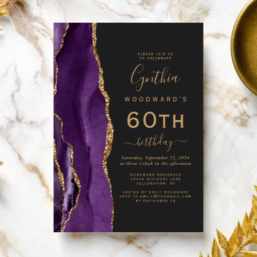 Paars Goud Agaat Donker 60ste Verjaardagsfeest Kaart