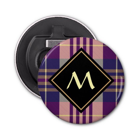 Paars, goud en blauw Tartan Button Flesopener (Voorkant)