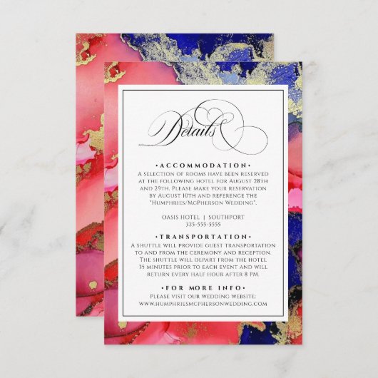 Paars goud en rood huwelijk informatiekaartje (Voorkant / Achterkant)