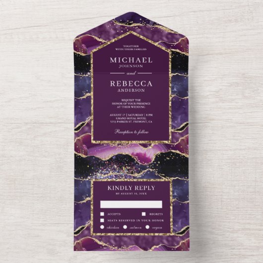 Paars goud glitter agaat marmeren bruiloft all in one uitnodiging (Binnen)