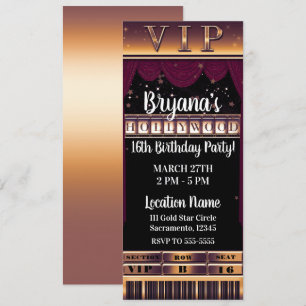 Paars Goud HOLLYWOOD Verjaardagsfeest VIP Ticket Kaart
