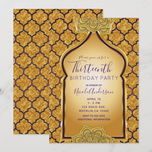 Paars & Goud Indische Arabische Gouden Verjaardags Kaart (Voorkant / Achterkant)