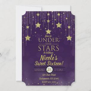 Paars & Goud Onder De Sterren Sterren Sweet 16 Kaart