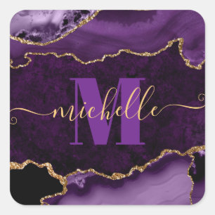 Paars & Gouden Glitter Marmer Agaten Monogram Vierkante Sticker