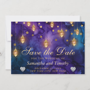 Paars & Gouden Lantaarn Glitterende Harten Bruilof Kaart